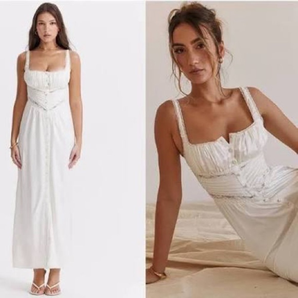 House of CB White Ruched Bodice Button-Front Maxi Dress illiana silk blend xs